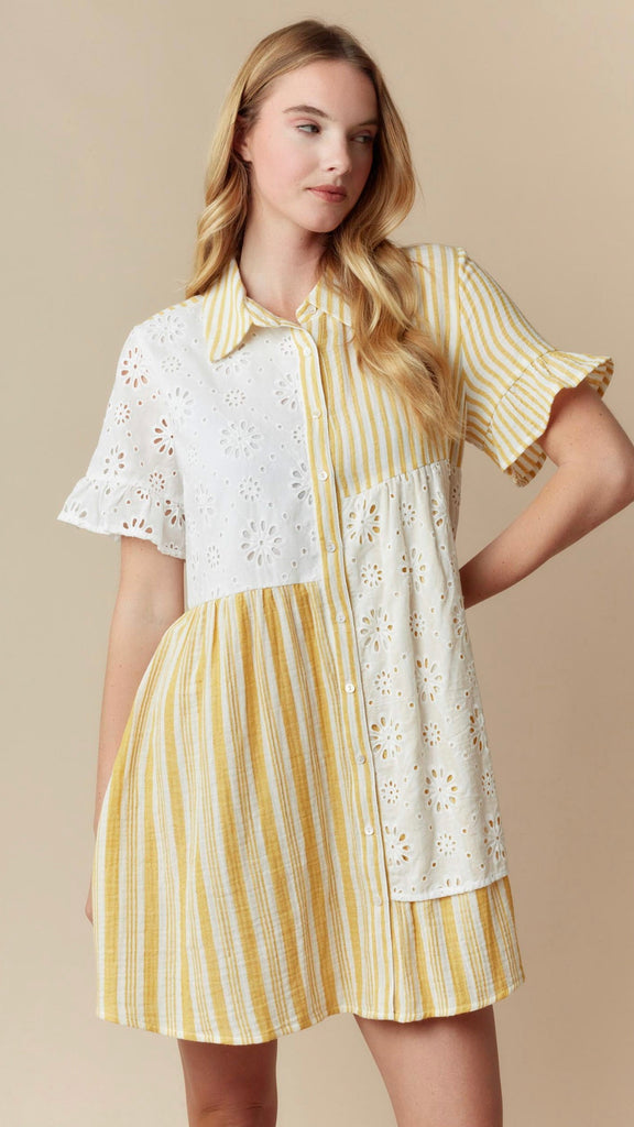 Eyelet + Stripe Ruffle Sleeve Dress