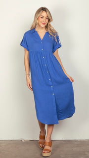 Linen Blend Button Front Midi Dress