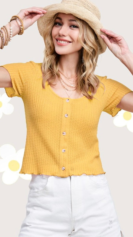 Waffle Knit Button Front Top