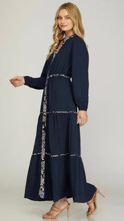 Printed Trim Long Sleeve Maxi Dress