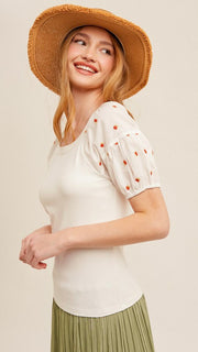 Cherry Embroider Puff Sleeve Top