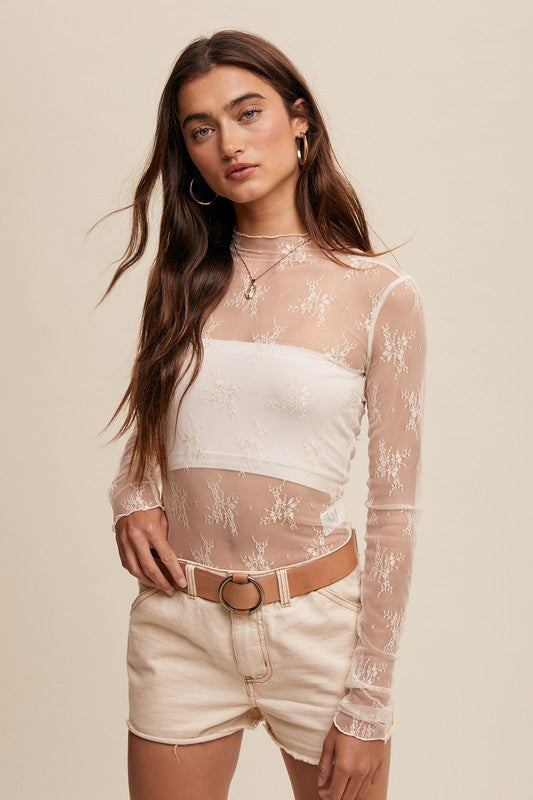 Sheer Lace Mock Neck L/S Top