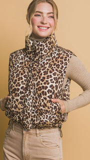 Leopard Print Puff Vest w/Pockets