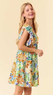 Daisy Print Flutter Sleeve Dress