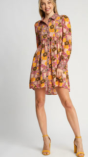 Mixed Floral Long Slv Shirt Dress