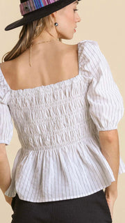 Stripe Smocked Bodice Puff Sleeve Top