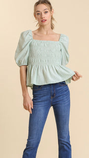 Stripe Smocked Bodice Puff Sleeve Top