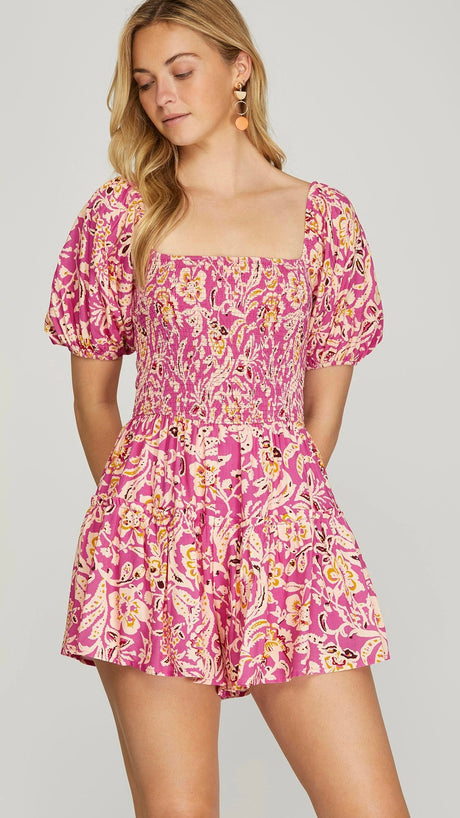 Smocked Bodice Floral Puff Sleeve Romper