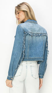 Ruffle Trim Cotton Denim Jacket