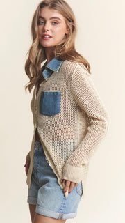 Denim Trim Open Crochet Sweater