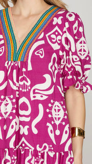 Puff Sleeve Dress w/Stripe Neck Trim