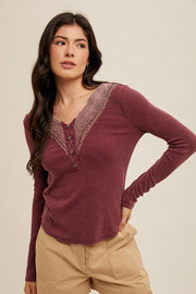 Mineral Wash Lace V-Neck Top