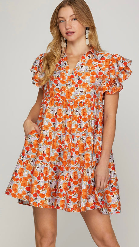 Floral V-Neck Tiered Dress w/Pockets