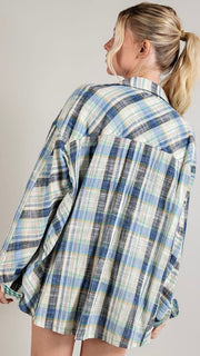 Mixed Fabric Plaid Button Down Top