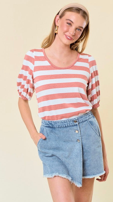 Stripe Puff Sleeve Cotton Top