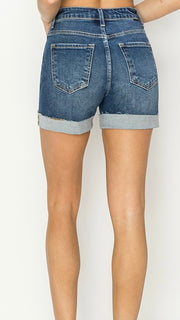 High Rise Raw Edge Cuff Stretch Shorts