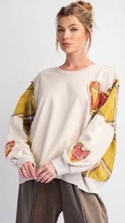 Plaid Heart Appliqué Slouch Sweatshirt