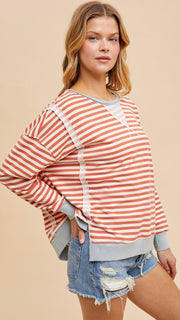 Oversized Raw Seam Stripe Pullover Top