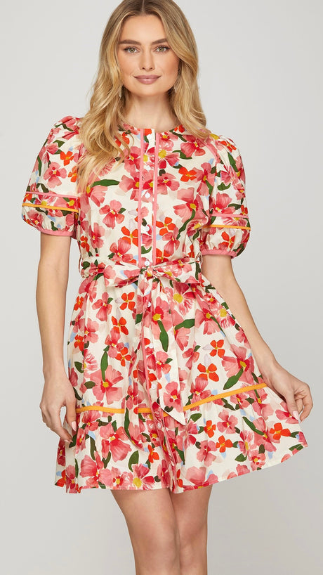 Floral Puff Sleeve Tie Waist Dress