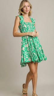Two-Tone Floral Smocked Bodice Dress