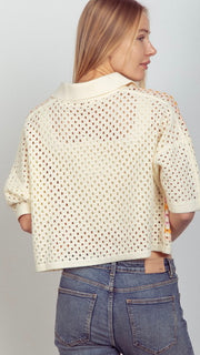 Cotton Blend Crochet Stripe S/S Sweater