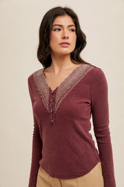 Mineral Wash Lace V-Neck Top