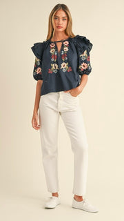 Embroidered Puff Sleeve Woven Top