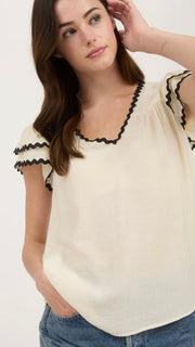 V-Neck Double Ruffle Top w/Trim