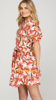 Floral Puff Sleeve Tie Waist Dress