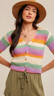 Rainbow Button V-Neck S/Slv Sweater