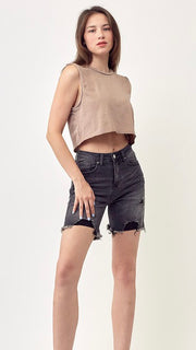 High Rise Destructed Washed Denim Shorts