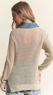 Denim Trim Open Crochet Sweater