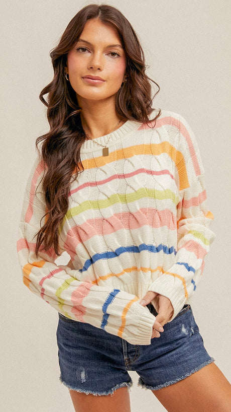 Cable Knit Mixed Stripe Sweater