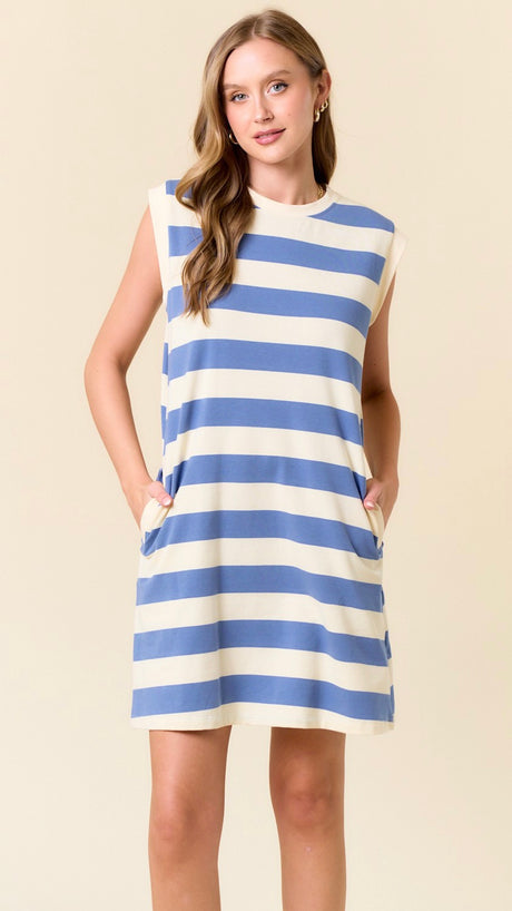 French Terry Knit Stripe Dress w/Pkts