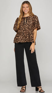 Leopard Puff Sleeve Babydoll Top