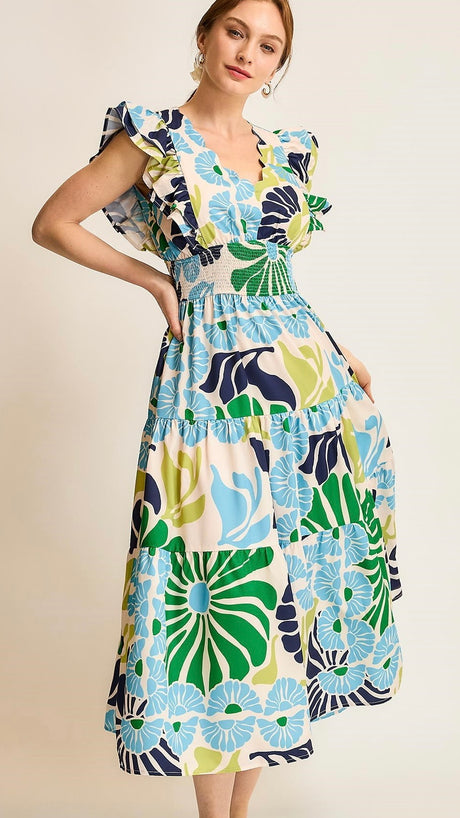 Jumbo Floral Ruffle Shldr Midi Dress