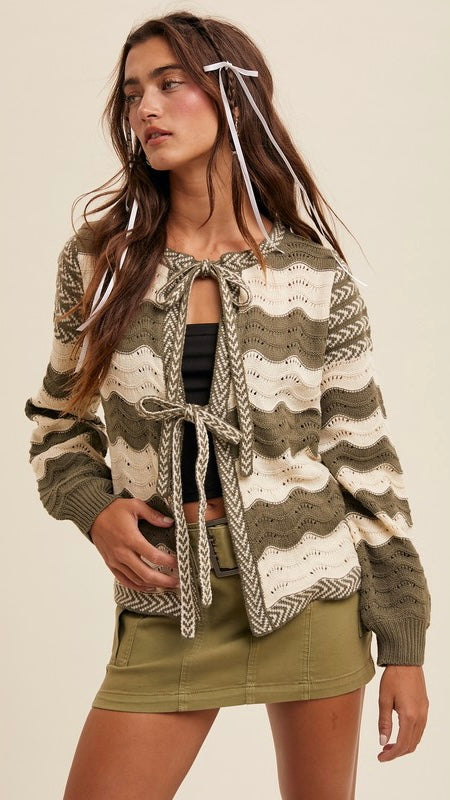 Wave Stripe Tie Front Cardigan