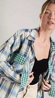 Mixed Fabric Plaid Button Down Top