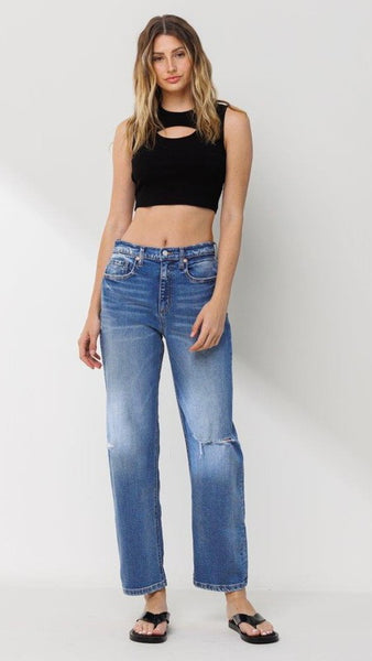 High Rise Frayed Button Fly Mom Jean