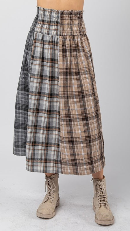 Plaid Flannel Smocked Waist Midi Skirt