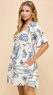 Tropical Fruit Puff Sleeve Dress w/Pockets