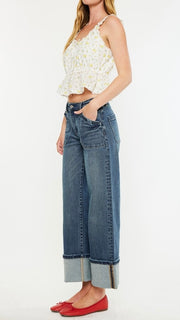 Mid Rise Patch Pkt Cuffed Wide Leg Jean