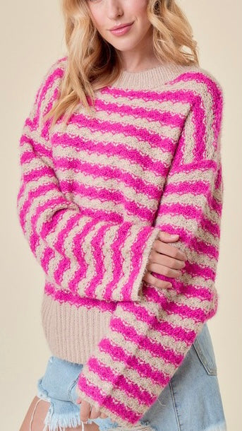 Ribbed Trim Bright Stripe Sweater