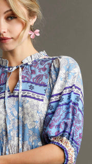 Puff Sleeve Floral Border Print Midi Dress