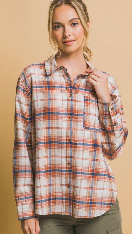 Lt Plaid Flannel Button Front Top