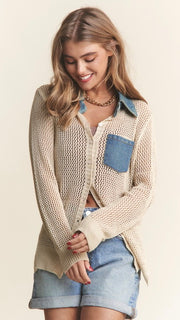 Denim Trim Open Crochet Sweater