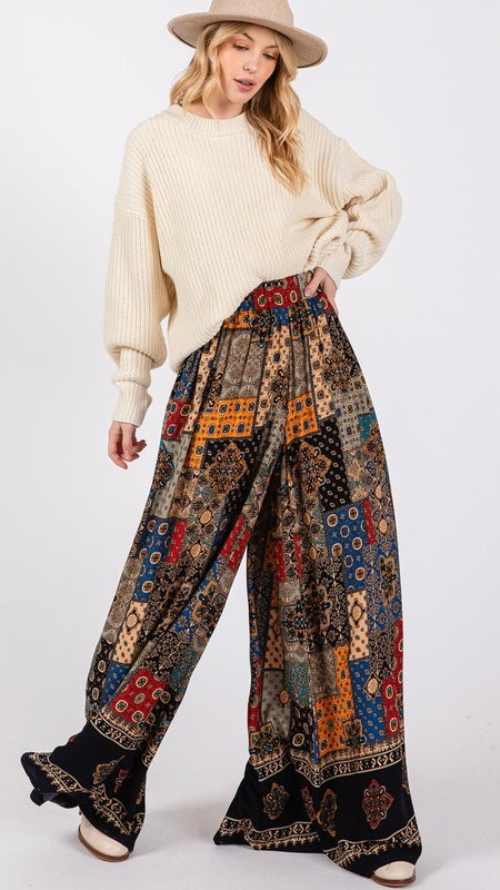 Patchwork Border Print Palazzo Pants