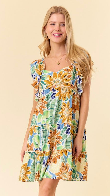 Daisy Print Flutter Sleeve Dress