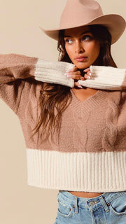 Cable Knit V-Neck Colorblock Sweater