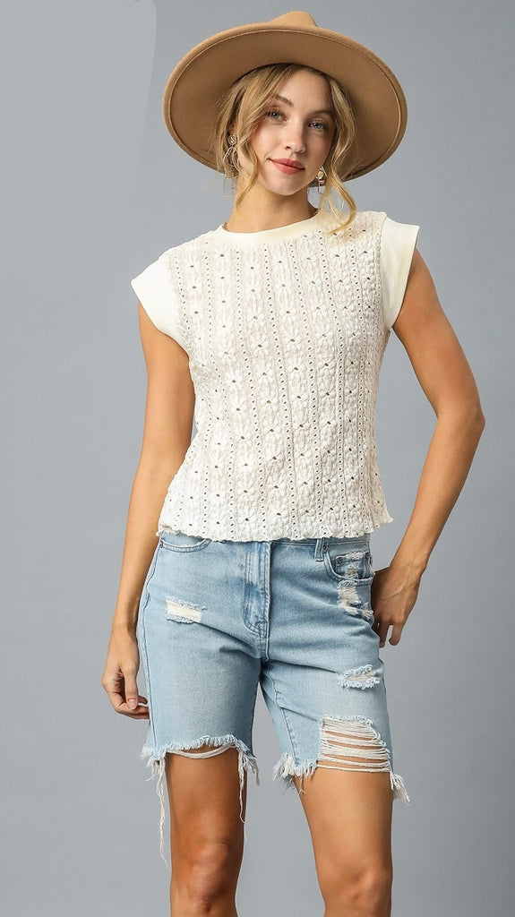 Crochet Stretch Eyelet Cap Slv Top